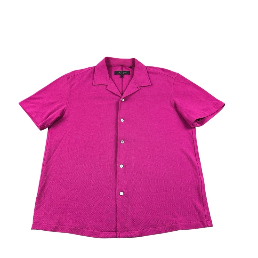 Rag & Bone Cotton Knit Magenta Metal Button Short Sleeve Shirt Mens Small